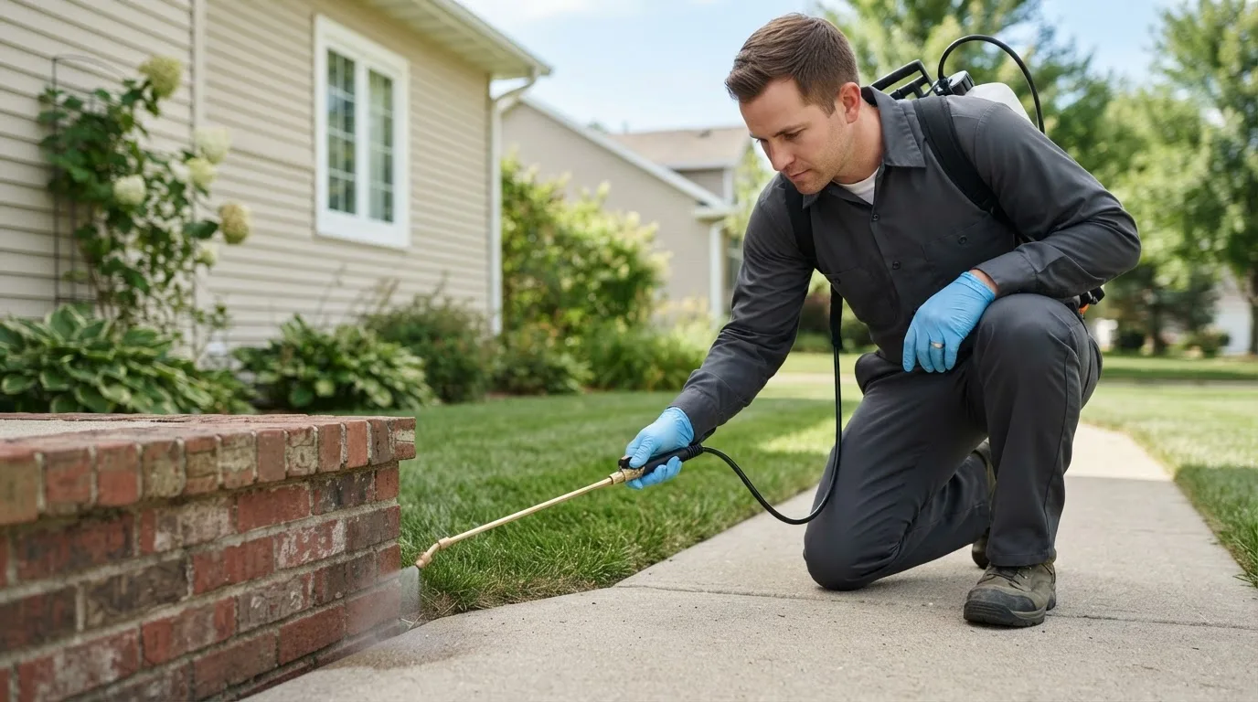 Pest control technician treating a home near Purcellville, VA